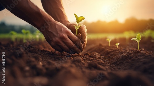 Close up of farmer hands planting growth a seed of vegetable or plant seedling on the field. Business or ecology concept. photo