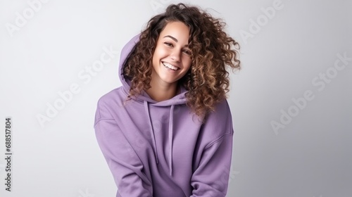 Pretty curly girl wearing purple oversized hoodie smiles on white background. © Oulaphone