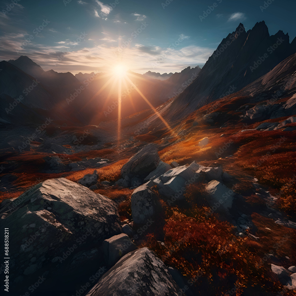 Fantastic sunset in the mountains. Dramatic scene. 3d render