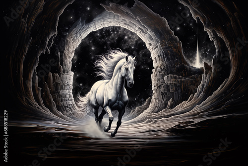 Fototapeta White horse running through a cosmic landscape