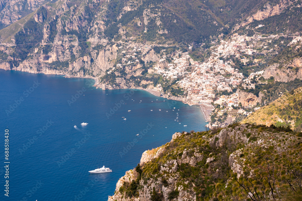 Scenic view of Amalfi coast and Positano town in Italy