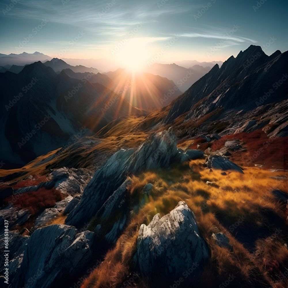 Fantastic mountain landscape. Sunset in the mountains. 3d rendering