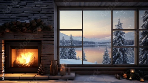 Cozy cabin with fireplace in winter, view of snowflakes falling outside the cabin window. seamless looping time-lapse virtual 4k video animation background. Generated with AI photo
