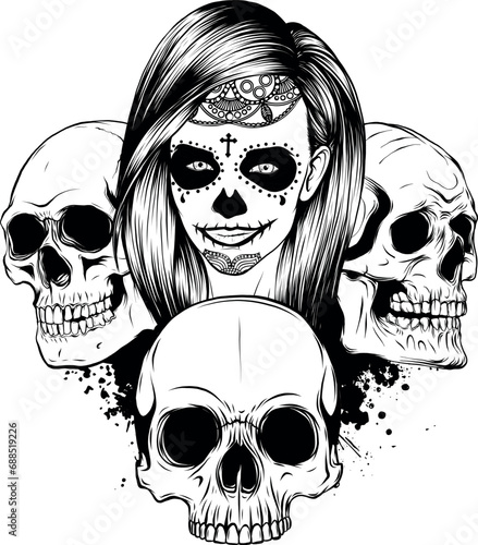 vector illustration of dead girl black and white outline