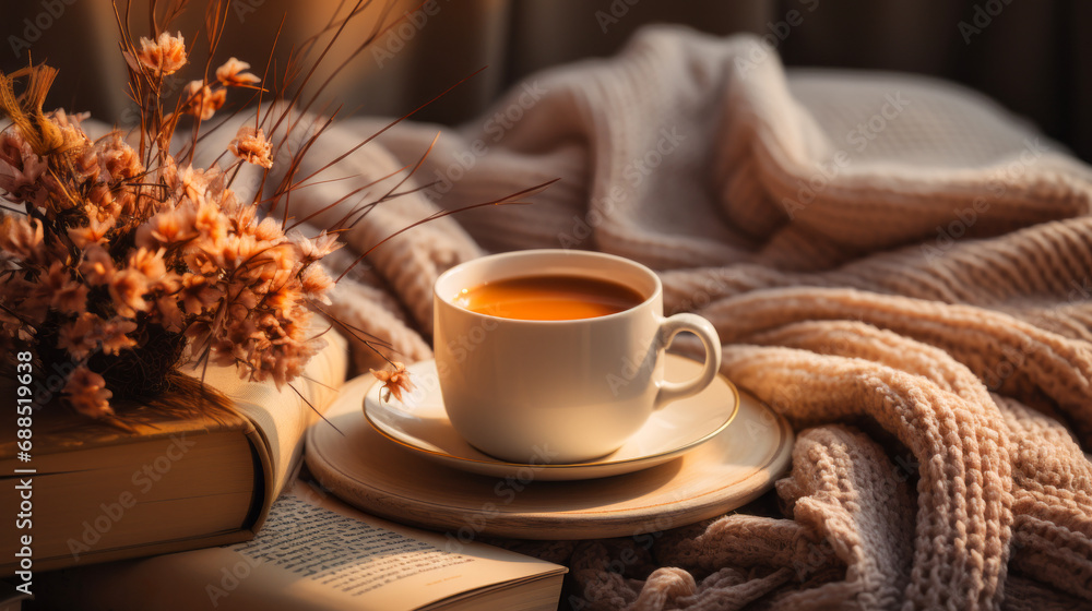 Cup of fresh coffee on open paper book with knitted sweater clothes in  bed .