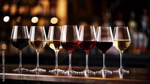 Wine glasses in a row. Celebrating buffet with wine tasting. Nightlife, celebration and entertainment concept.