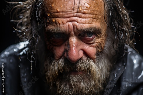 Capture the vulnerability of a very old man crying in close-up, with water or tears streaming down their face © JetHuynh