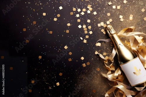 Celebration background with the golden champagne bottle, confetti stars, and party streamers. Christmas, birthday, or wedding concept