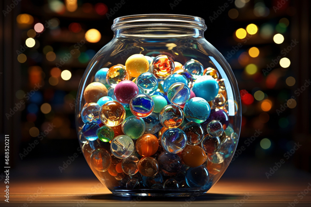 Lot of colorful glass marbles in a glass jar Lot of colorful glass marbles in a glass jar