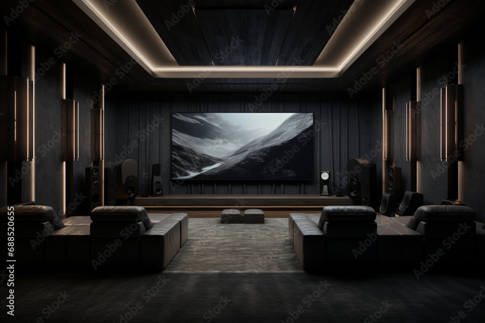 Photo inspiration: A Minimalist Home Theater With Hidden Speakers Plush Seating And Photo Inspiration