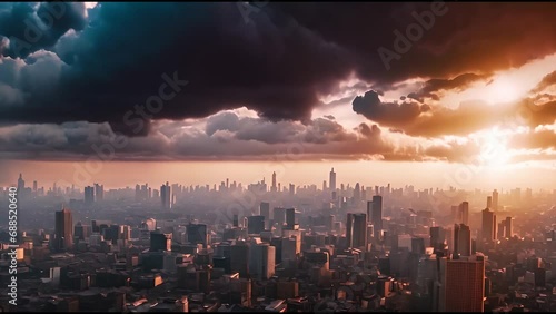 A storm forming over a vast city skyline - warm tones - sunset storm - AI Generated Video photo