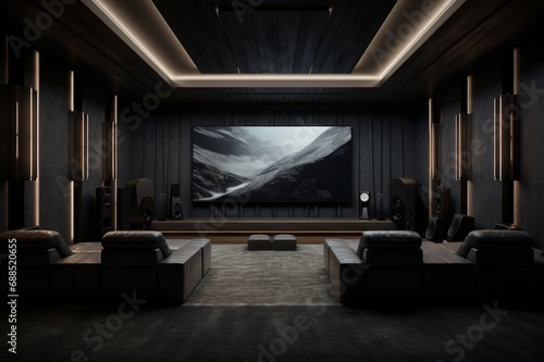 A minimalist home theater with hidden speakers, plush seating, and a blackout curtain for an immersive cinematic experience