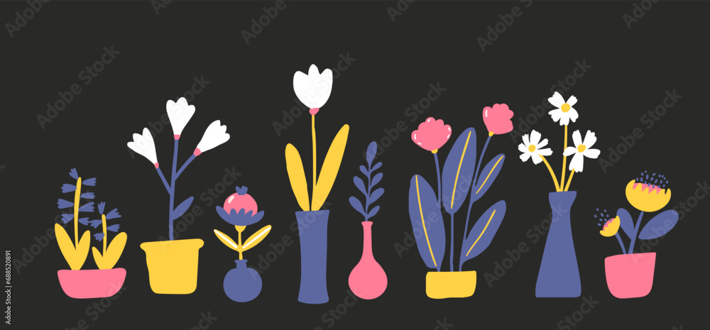 Different flowers in vase, banner set on black background. Bold colorful loral silhouettes, modern art illustrations, Summer bloom collection.