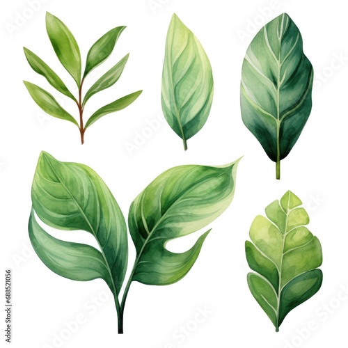 Set of watercolor tropical green leaves on white background. Generative AI