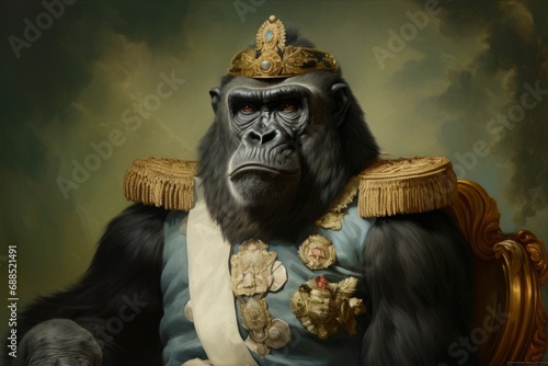 Gorilla, Portrait, Napoleonic, Official, Throne, Painting, 3D, Crown, Ironic, Animal. THE GORILLA THRONE (King, Emperor And Ruler THE GORILLA!). A 3D portrait of a gorilla in the 18th century style.