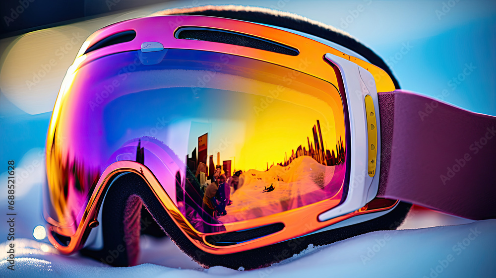 Snowboarder's goggles snowy landscape reflection Snowboarder's goggles snowy landscape reflection