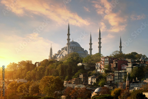 Suleymaniye Mosque in Istanbul against the backdrop of a beautiful sunset sky.