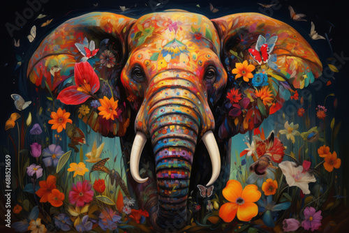 Illustration of a stunningly vivid oil painting of the vibrant elephant animal © standret