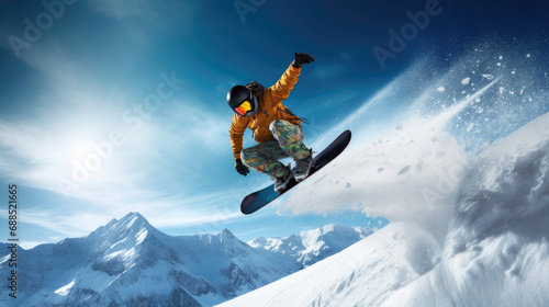 Snowboarder mid-air grab trick blue sky photo