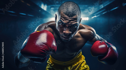 Boxer mid-uppercut bright gloves intense focus © javier