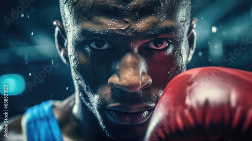 Boxer's face glistening sweat bright gloves © javier