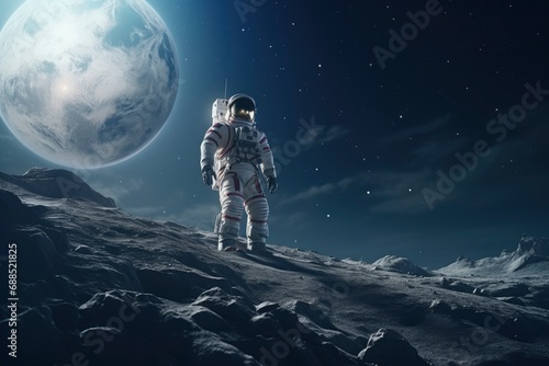 The lunar surface as seen from a moon rover. Moon surface and Earth on the horizon. Space art fantasy. Surface of Moon. Planet Earth on background. Space collage. Crater copernicus on the Moon