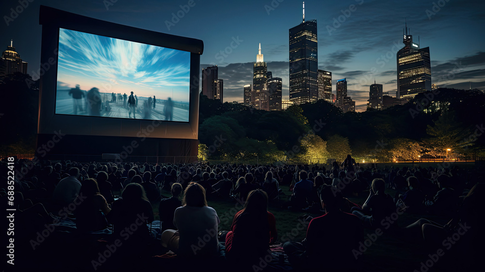 Urban outdoor cinema with city lights