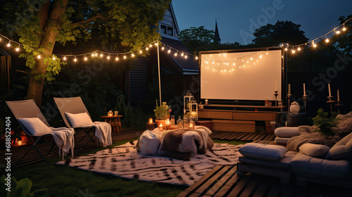 Cozy backyard cinema under the night sky.
