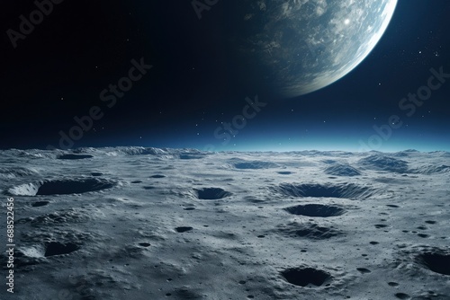 Space art fantasy. Surface of Moon. The lunar surface as seen from a moon rover. Moon surface and Earth on the horizon. Planet Earth on background. Space collage. Crater copernicus on the Moon.