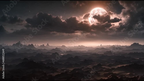 Spooky barren arid desert alien landscape at night - full moon - Generative AI Video
