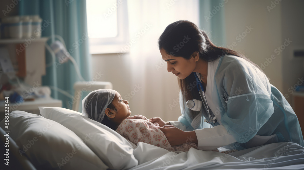 Indian pretty female doctor comforting little girl in hospital Indian pretty female doctor comforting little girl in hospital