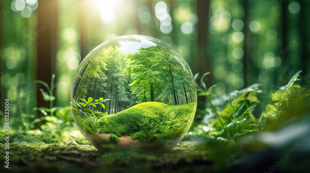 Glass globe in green forest with the icon environment of ESG, co2, circular company, and net zero