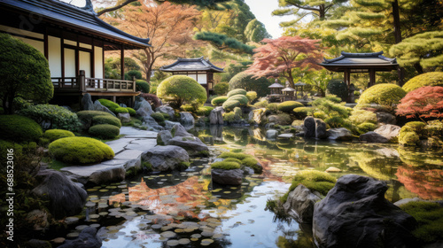 Fényképezés Cinema in Japanese garden with serene ponds
