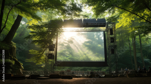 Cinema in tree platform amidst dense forest