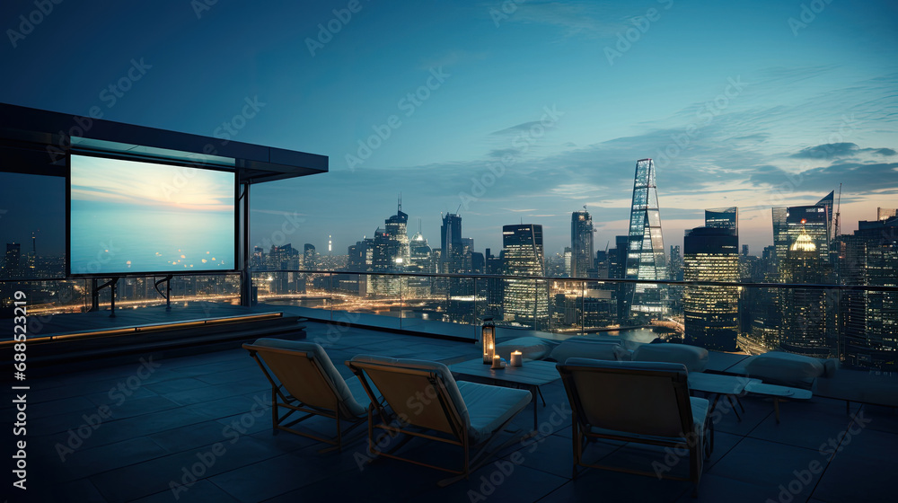 Outdoor cinema on rooftop terrace of futuristic skyscraper modern city skyline view