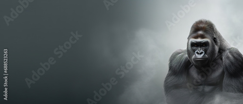 Front view of gorilla on gray background. Wild animals banner with copy space