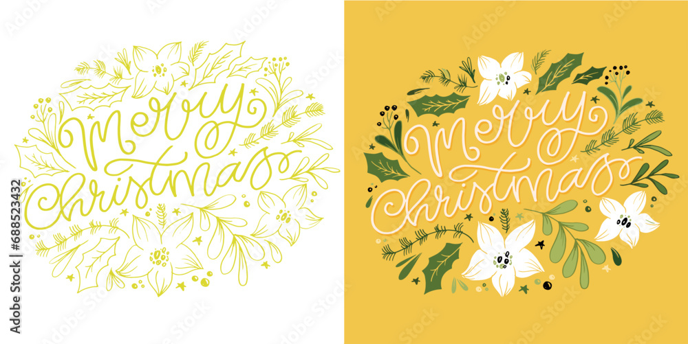 Merry Christmas and happy new year - cute postcard.  Lettering label for poster, banner, web, sale, t-shirt design. 2024. New year holiday greeting card.