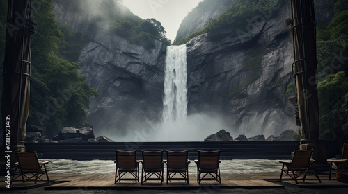 Cinema above a waterfall with cascading water and mist-covered cliffs. Natural wonder and breathtaking cinematic experience