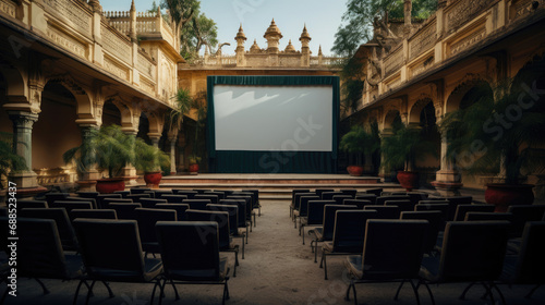 Fotografija Opulent palace courtyard cinema with stone archways gardens and regal architecture