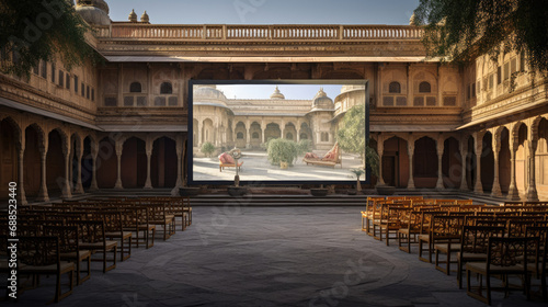Opulent palace courtyard cinema with stone archways gardens and regal architecture. Grandeur and elegance expertly captured
