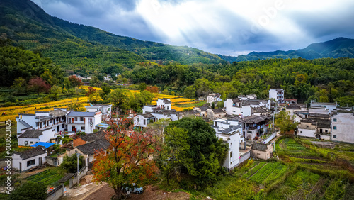 Aerial photography of the ancient town of Tachuan in Huizhou in autumn photo