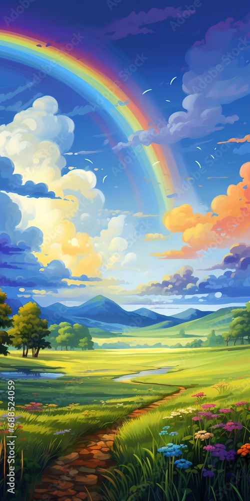 Watercolor painting of Rainbow in the blue sky over a glade