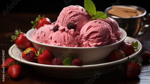 Savor the sweetness of Strawberry Ice Cream in this enticing shot. Generative ai.