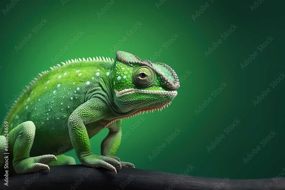 Front view of chameleon on green background. Wild animals banner with copy space Front view of chameleon on green background. Wild animals banner with copy space
