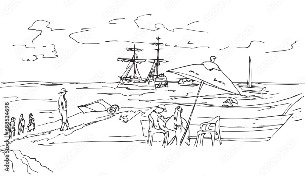 People relaxing on the beach with an umbrella, against the background of a pirate ship and boats in the sea. Ink sketch. People relaxing on the beach with an umbrella, against the background of a pirate ship and boats in the sea. Ink sketch.