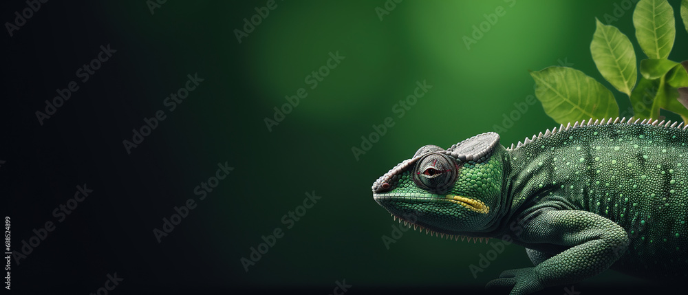 Fototapeta premium Front view of chameleon on green background. Wild animals banner with copy space
