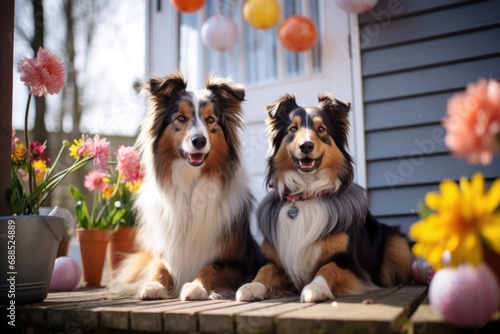 Two cute dogs sit side by side near a charming home with Easter decorations.