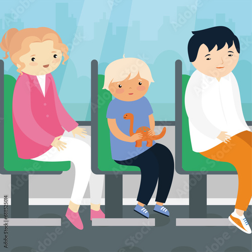 Children sitting on the bench and waiting for a bus. Vector illustration.