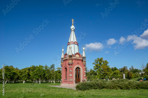 A walk around the city on a fine autumn day. The chapel in the park.