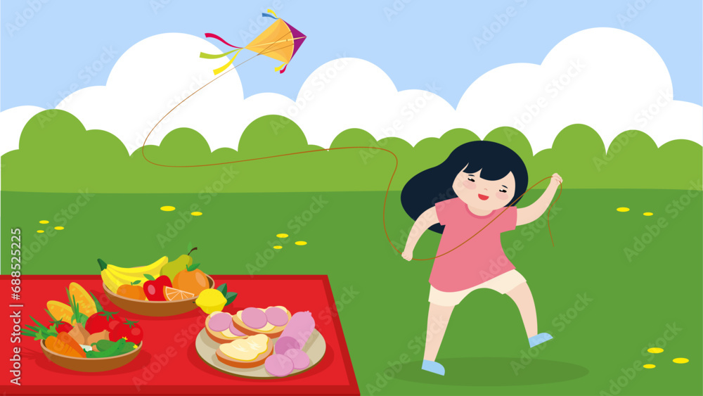 Girl playing with kite on picnic in park. Vector illustration.